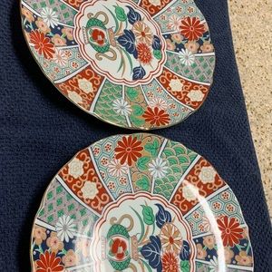 2 Large Japanese Arita Imari Fan Geometric Fine Porcelain Plates Not marked